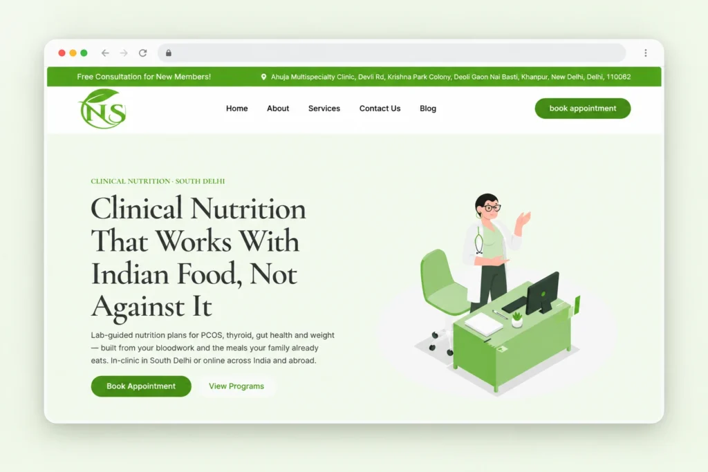 Browser mockup of the Nutritics by Sejal homepage, featuring its clinical nutrition services and appointment buttons.