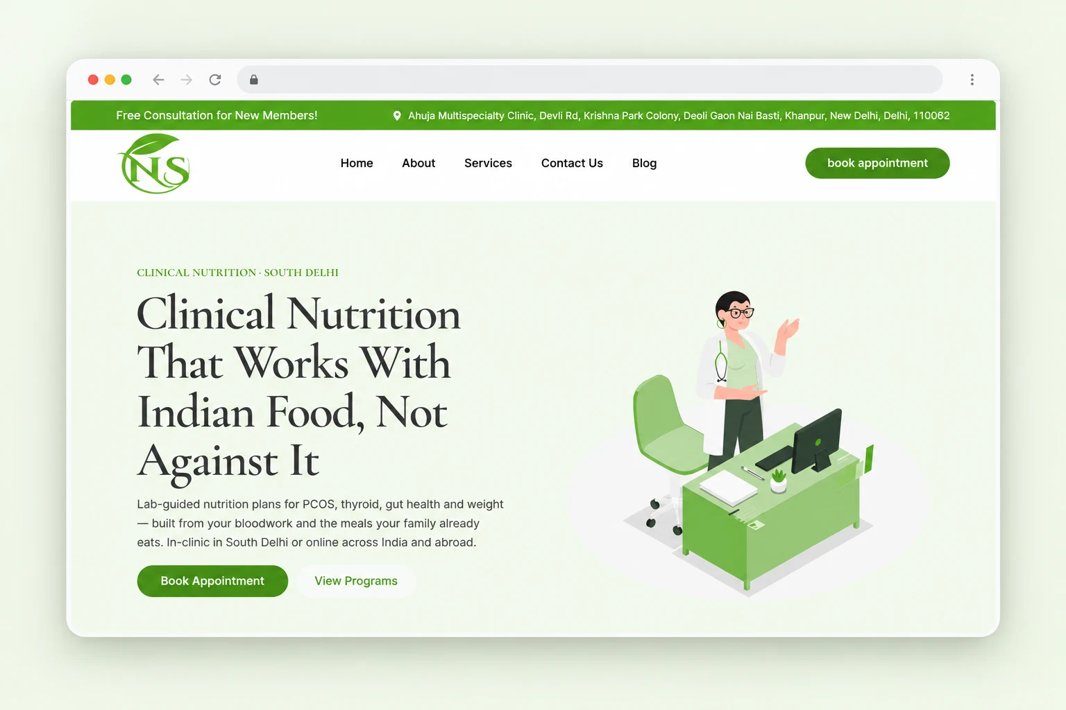 Browser mockup of the Nutritics by Sejal homepage, featuring its clinical nutrition services and appointment buttons.